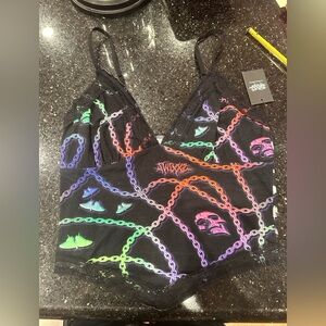 Swixxz S skull chains butterfly black tank top w pointed front rainbow NWT